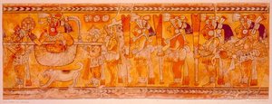 King carried in a litter with a dog, priests and guards by Mayan
